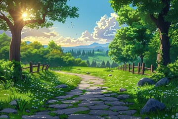 Wall Mural - A peaceful forest scene with a path leading through it