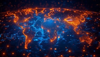 Wall Mural - This art piece is a Glowing World Map showing Neon Orange and Blue Network Connections