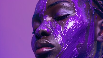 Poster - A woman with purple paint on her face, possibly in a creative or artistic context