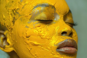 Poster - A close-up view of someone's face with yellow paint applied, ideal for creative projects or artistic expressions