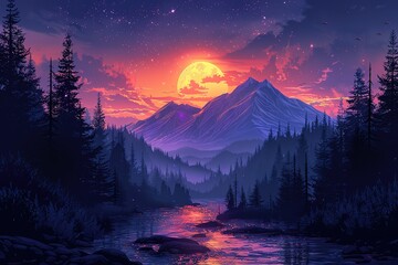 A beautiful mountain landscape with a river and a large moon in the sky