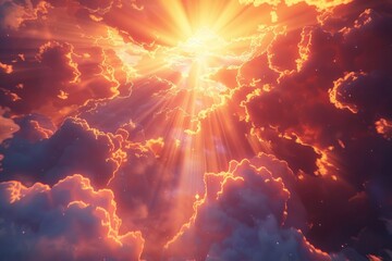 Poster - A clear blue sky with white clouds and a bright sun shining through, suitable for use in travel or nature-themed projects