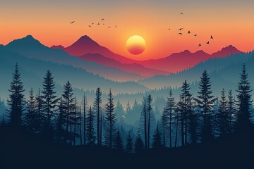 Wall Mural - A beautiful mountain landscape with a large sun in the sky