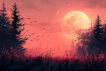 Wall Mural - A large red moon is in the sky above a forest