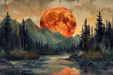 Wall Mural - A large red moon is in the sky above a forest