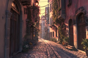 Poster - A classic cobblestone street in an old European city, perfect for historical or cultural settings