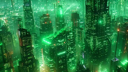 Poster - A futuristic city at night, glowing with neon green lights against a dark sky, Craft a dystopian cityscape where binary algorithms reign supreme
