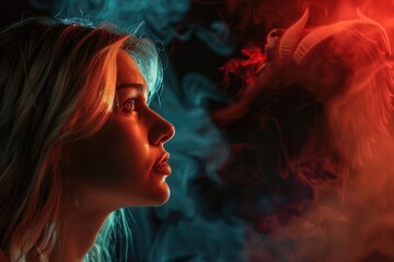 Wall Mural - A woman is frightened by a demonic presence emerging from a cloud of smoke