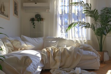 Aufkleber - A warm and inviting living room scene featuring a white couch wrapped in cozy blankets
