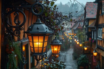 Wall Mural - A city street with a row of street lamps lit up, creating a warm