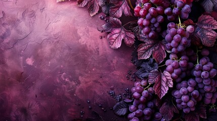 Wall Mural - Purple grapes and vine leaves on a textured background