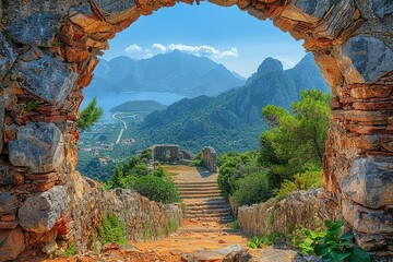 Wall Mural - A mountain view with a stone archway leading to a path