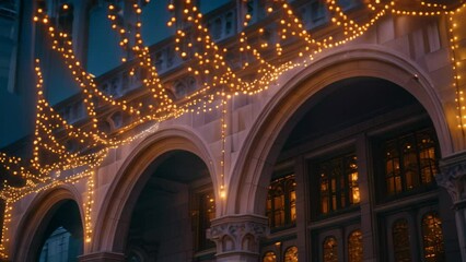 Poster - Illuminated Building in the City at Night, Craft an ethereal composition featuring delicate fairy lights draped over intricate architectural details