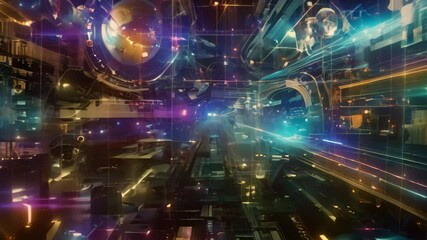 Poster - digital rendering of a futuristic cityscape, create a digital collage representing the interconnecte
