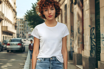 Wall Mural - Young Woman T-Shirt Mockup, Casual T-Shirt Design Displayed on Young Lady, Stylish T-Shirt Showcase on Young Woman