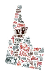 Poster - Idaho word cloud in the shape of the state, featuring county names and divisions. A typography-style vector illustration.