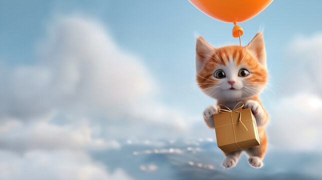kitten suspended in the sky, held aloft by a large orange balloon. holding a gift, floating among so