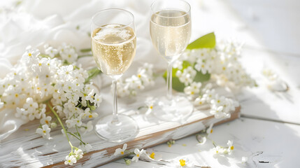 Wall Mural - Two glasses of champagne and a beautiful tender festive wedding bouquet of flowers buttercups and white lilac on a white painted wooden board : Generative AI