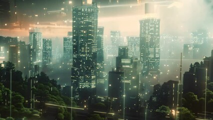 Wall Mural - A futuristic city illuminated by neon lights, bustling with activity in the darkness of night, Create a futuristic landscape filled with interconnected data centers and network infrastructure