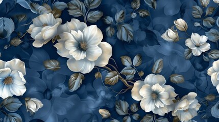 Wall Mural - White flowers on a navy blue background