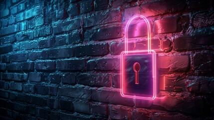 Poster - Neon padlock icon on brick wall