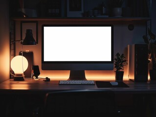 Poster - Modern Home Office with Computer and Plants. Generative ai