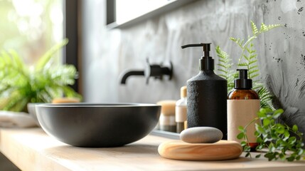 Wall Mural - Modern Bathroom with Black Sink and Green Plants