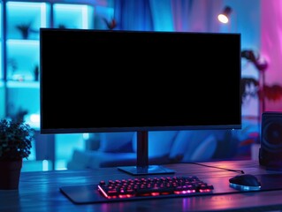 Poster - Futuristic Home Office with Neon Lighting. Generative ai
