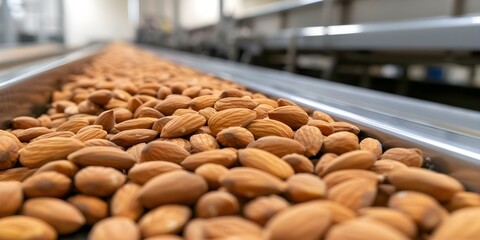 Wall Mural - Almonds from California are efficiently transported from trucks to processing plant. Concept Almonds, Transportation, Efficiency, California, Processing Plant