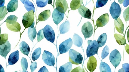 Poster - Watercolor blue and green leaves seamless pattern