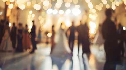 Poster - blur image of wedding party  in large hall for background usage : Generative AI
