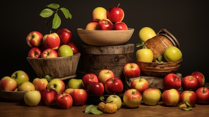 Wall Mural - High-quality stock photo depicting a variety of apples in vibrant red, green, and yellow hues, carefully placed in bowls, baskets, and containers for a rich visual display.