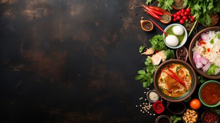 A heartwarming bowl of ramen garnished with fresh vegetables and herbs, emphasizing delicious Asian cuisine elements, creatively arranged on a rustic background.