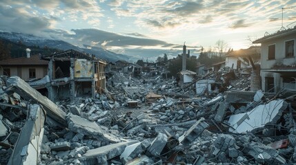 A scene of devastation in a mountain village following a catastrophic earthquake