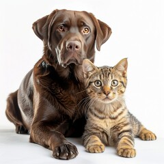 Wall Mural - Brown Labrador Retriever and Tabby Cat Sitting Together