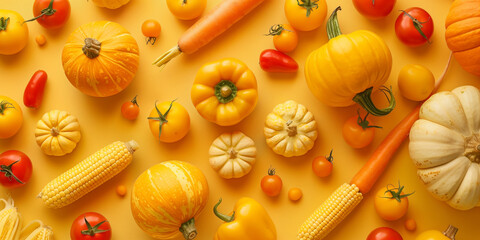 Yellow and orange vegetables on yellow background top texture view