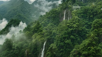 Wall Mural - A powerful waterfall cascades down in the middle of a dense, green forest, Dense forests clinging to towering slopes