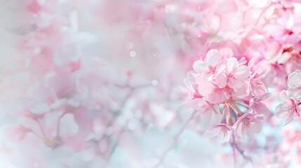 Poster - Floral spring background Branches of blossoming cherry with pink flowers soft focus abstract watercolor effect For greeting  and wedding cards Copy space : Generative AI