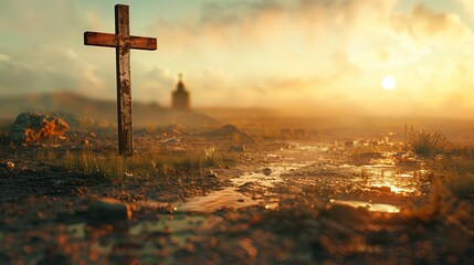 Wall Mural -  photo of a cross in front of a catholic church. Religious concept.