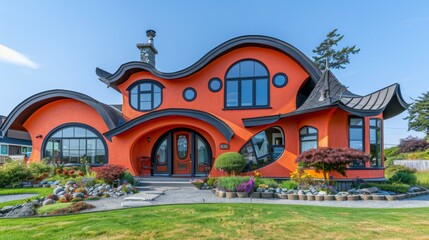 Canvas Print - Unique and colorful house with wavy walls and round windows. AI.