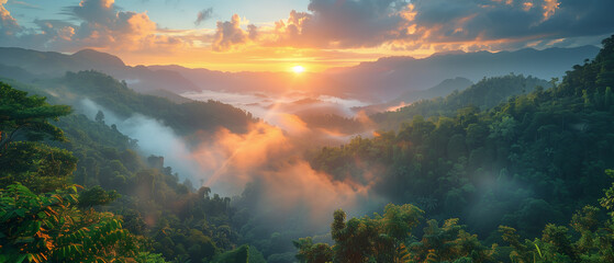 Poster - A beautiful mountain range with a sun setting in the background. The sky is a mix of blue and orange, creating a serene and peaceful atmosphere