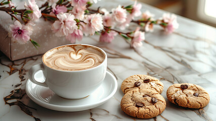 Poster - A white coffee cup with a heart design sits on a white saucer next to a plate of cookies. The scene is set on a marble countertop with a vase of pink flowers in the background
