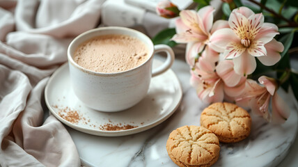 Poster - A white coffee cup with a heart design sits on a white saucer next to a plate of cookies. The scene is set on a marble countertop with a vase of pink flowers in the background
