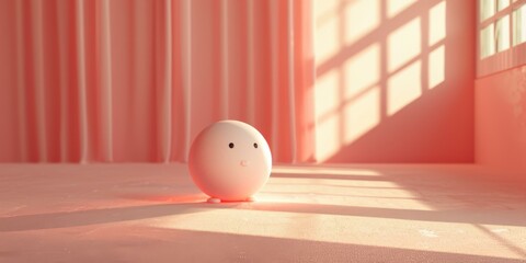 Wall Mural - A cute 3D rendered pink ball character stands in a pink room with large windows. AI.