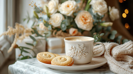 Poster - A white coffee cup with a heart design sits on a white saucer next to a plate of cookies. The scene is set on a marble countertop with a vase of pink flowers in the background