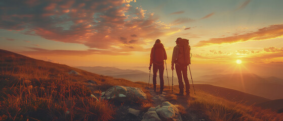 people are walking on a mountain trail at sunset. The sun is setting in the background, casting a warm glow over the landscape. The hikers are carrying backpacks