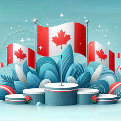 Happy Canada day vector Podium banner, greeting card. Canadian wavy flag in 1st of July national patriotic holiday horizontal design,digital illustration created with generative ai.	

