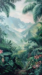 Colorful tropical rainforest. palm leaves and other plants. Aloha textile collection. Tropical forest with dense vegetation of trees, shrubs and vines. AI generated illustration