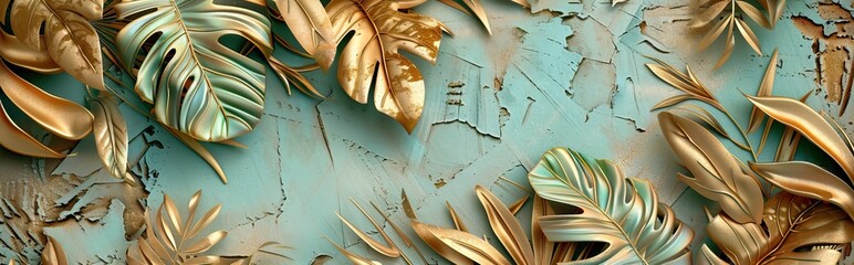 Creative nature gold layout made of tropical leaves. Summer concept. Fern Palm and monstera leaf on wall textures. AI generated illustration