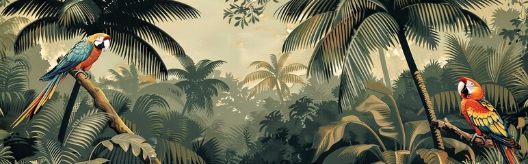 Jungle mural wallpaper design with parrot, colorful design, tropical and exotic. AI generated illustration